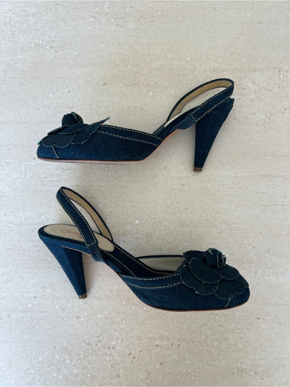 CHANEL Navy Denim Camellia Slingback Heels - Picture 5 of 9